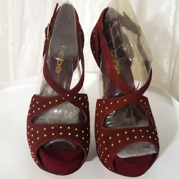 Bebe Burgundy with gold accents platform Heels size 6 - Picture 2 of 10